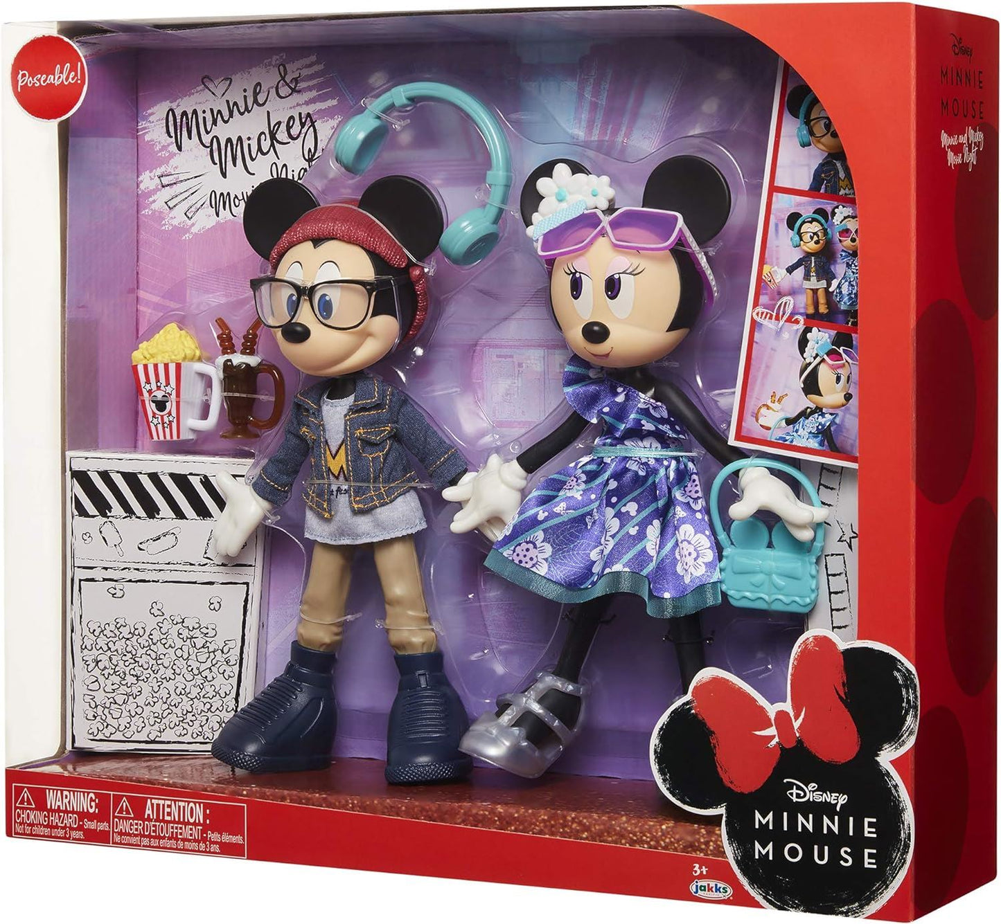 Disney Minnie & Mickey Movie Night Figures 2 Dolls Poseable Outfits Accessories