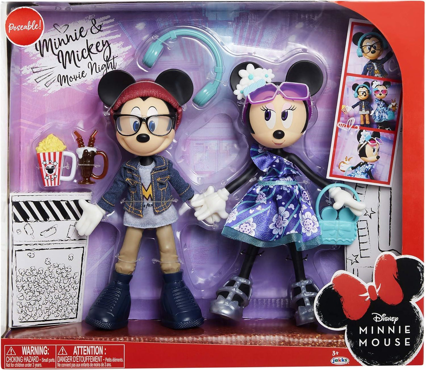 Disney Minnie & Mickey Movie Night Figures 2 Dolls Poseable Outfits Accessories