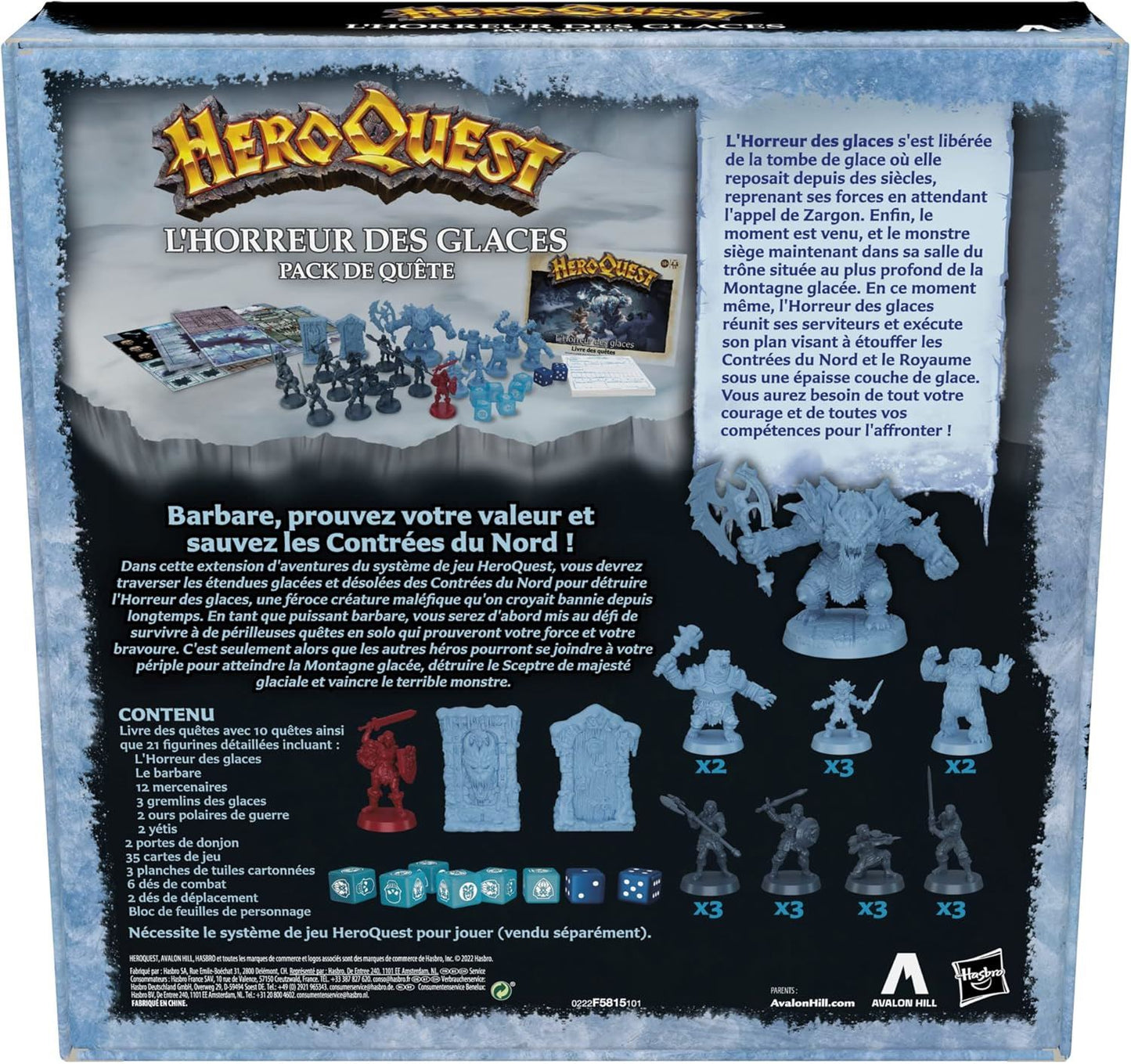 HeroQuest – L’Horreur des Glaces F5815 – Extension du système de jeu HeroQuest (10 nouvelles quêtes, figurines, pièges & artefacts) – Avalon Hill / Hasbro (FR version)