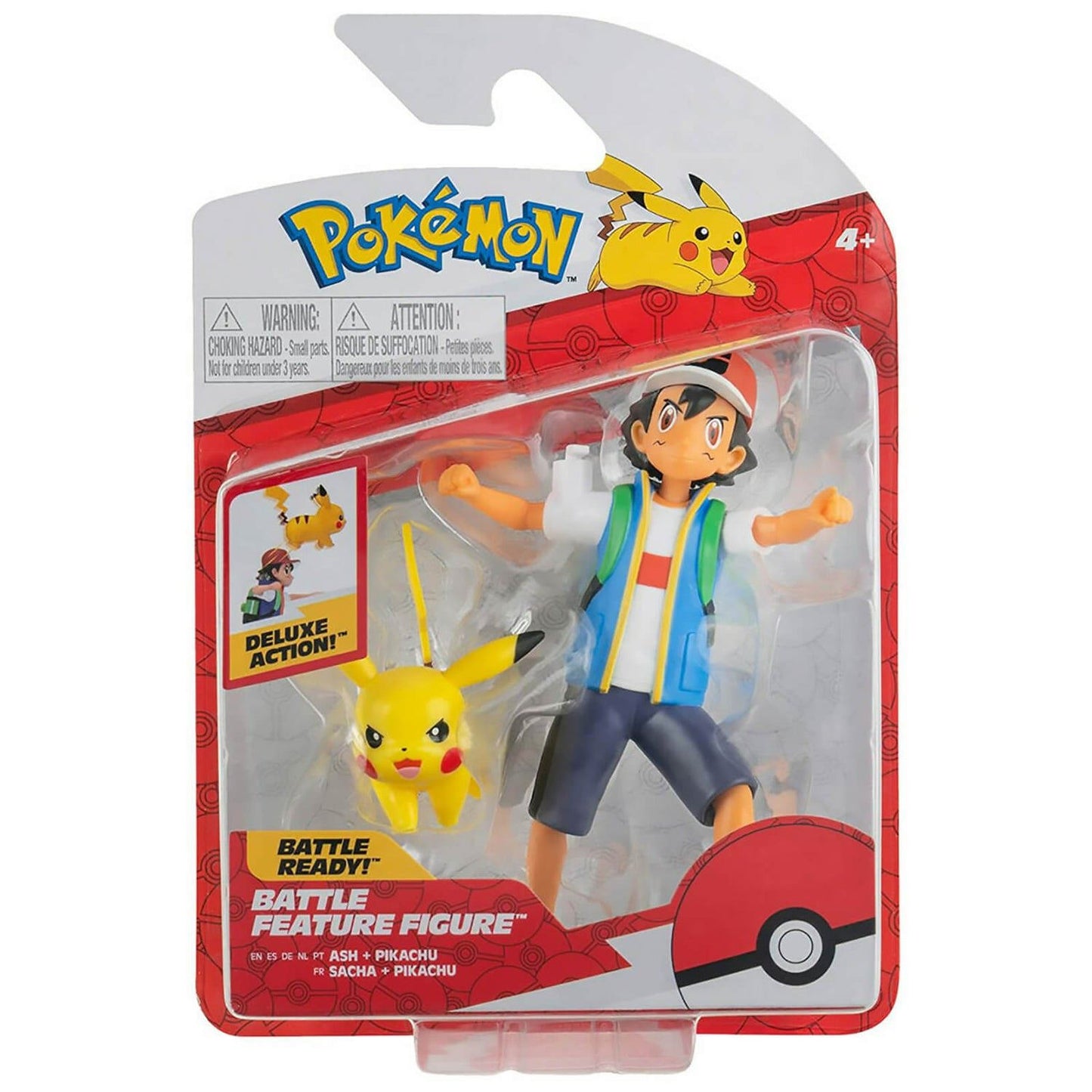 Ash + Pikachu 4.5″ Battle Feature Figure – Pokémon PKW2473 by Jazwares – Launcher Move Action Set with 2-Inch Pikachu