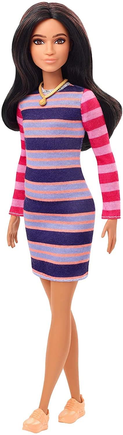BARBIE Fashionistas Doll #147 - Long Brunette Hair Striped Dress (GYB02/GHW61)