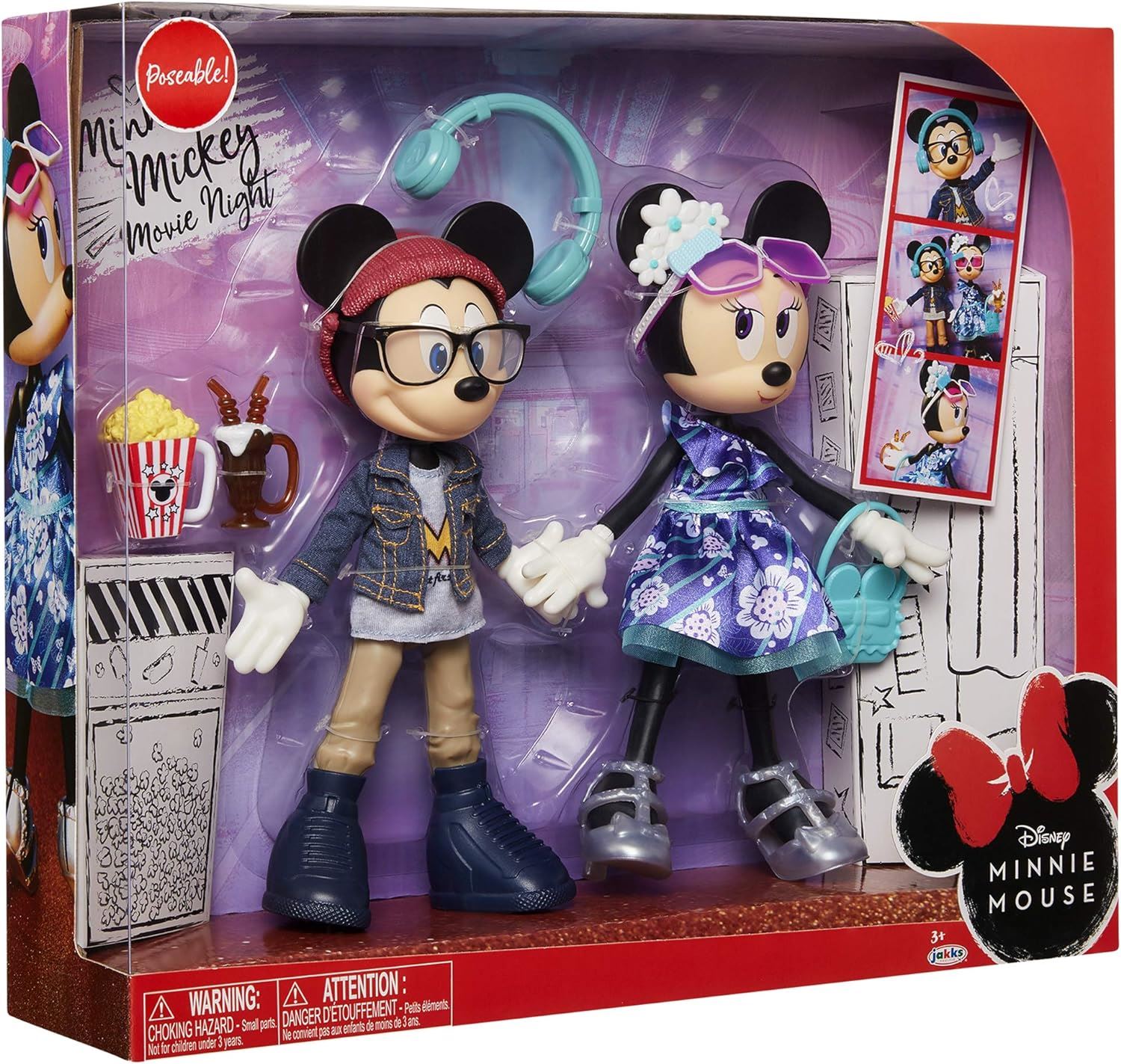 Disney Minnie & Mickey Movie Night Figures 2 Dolls Poseable Outfits Accessories