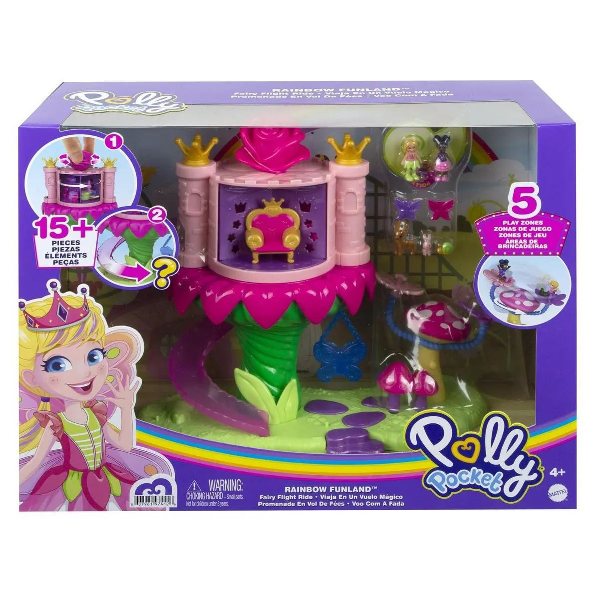 Polly Pocket Rainbow Funland Fairy Flight Ride Playset Dollhouse GYK41 2 Dolls