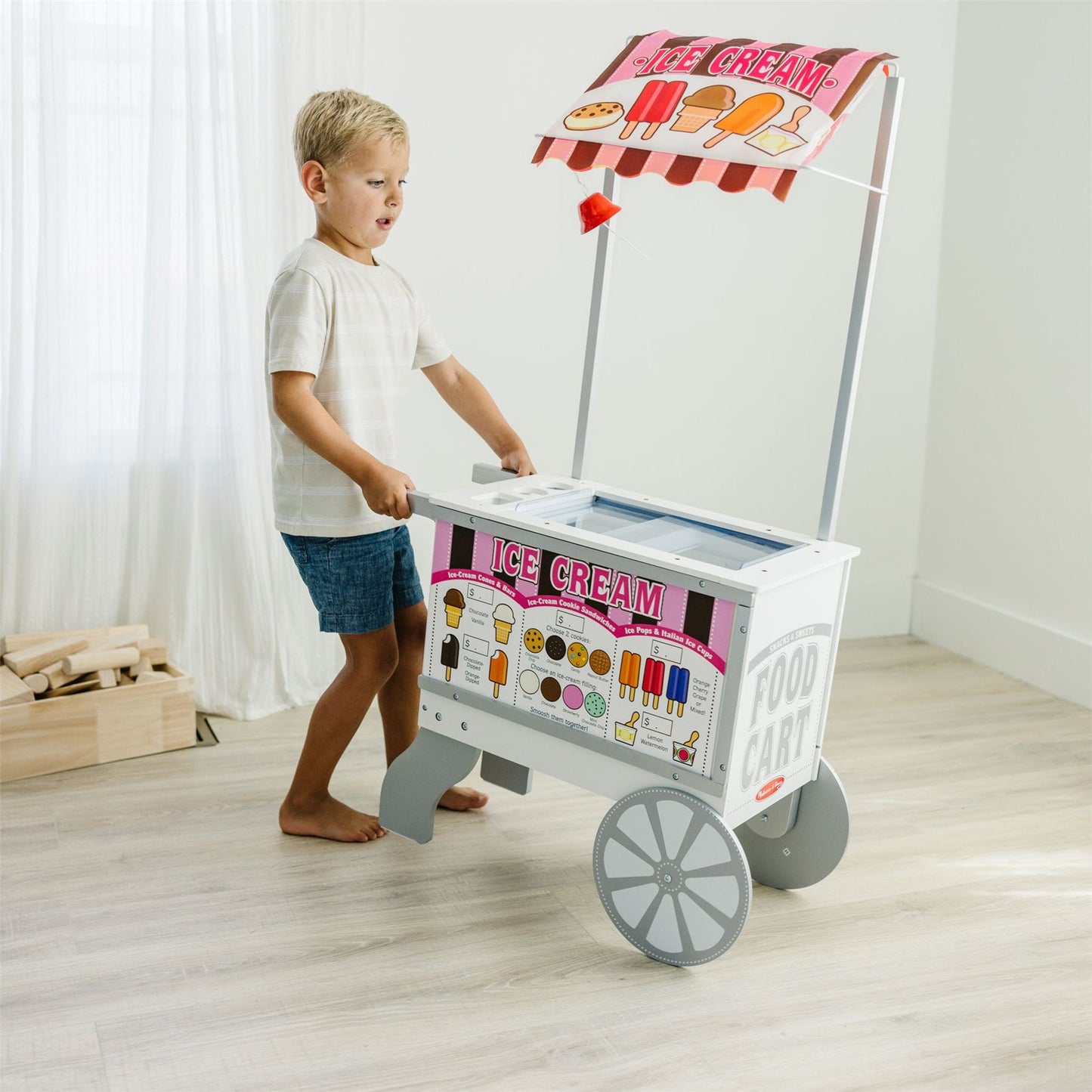 Snacks & Sweets Food Cart 9350 – Melissa & Doug Wooden Pretend Play Ice Cream & Snack Stand for Kids (Wheeled Role-Play Cart)